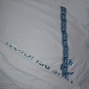 True Religion Long Sleeve Tee in Pale Pink with Metallic Blue Logo